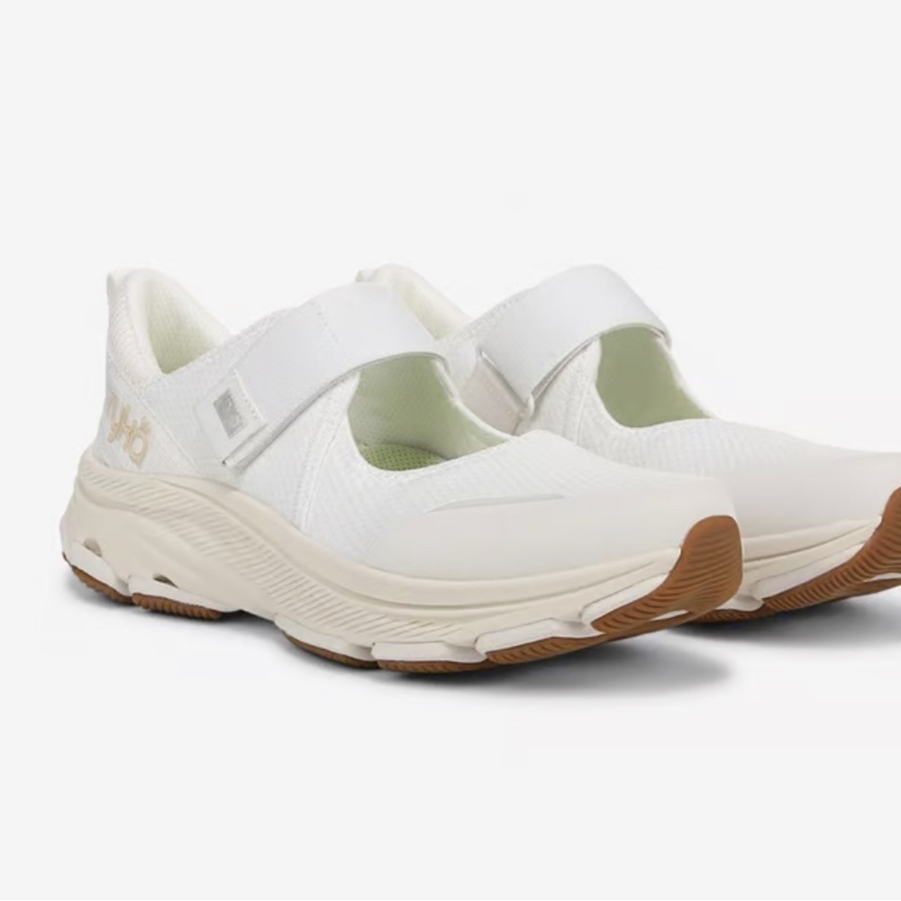 Ryka White Mary Jane Strap Mules with Tan Outsole